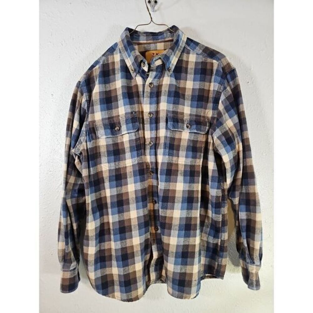 Outdoor Life Shirt Mens Lg Blue, Tan Plaid‎ Flannel  Double Pockets Hunting 90s